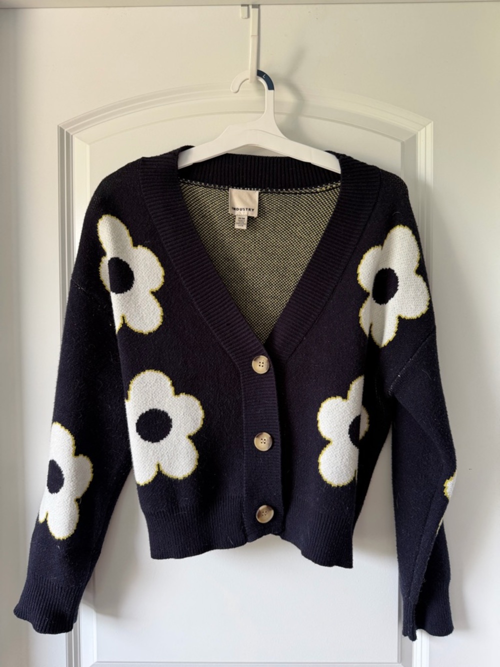 Thick Navy Bold Floral V-Neck Button Coquette Feminine Cardigan Sweater